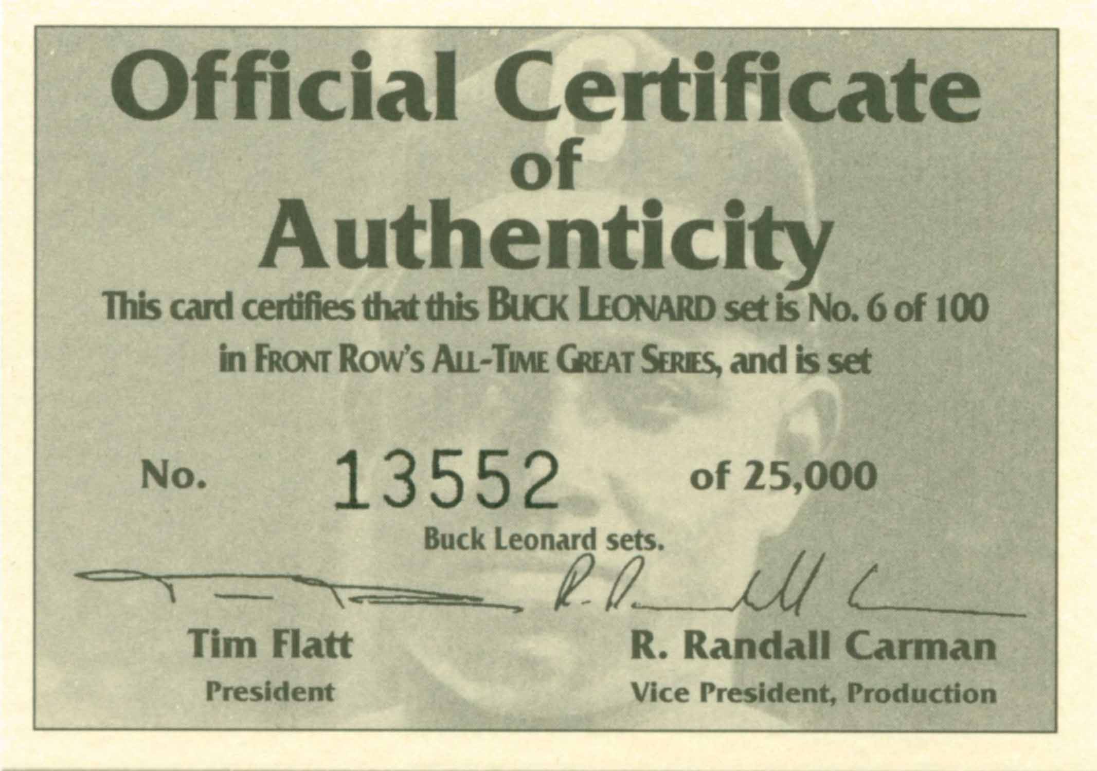1992 Front Row Buck Leonard Certificate of Authenicity