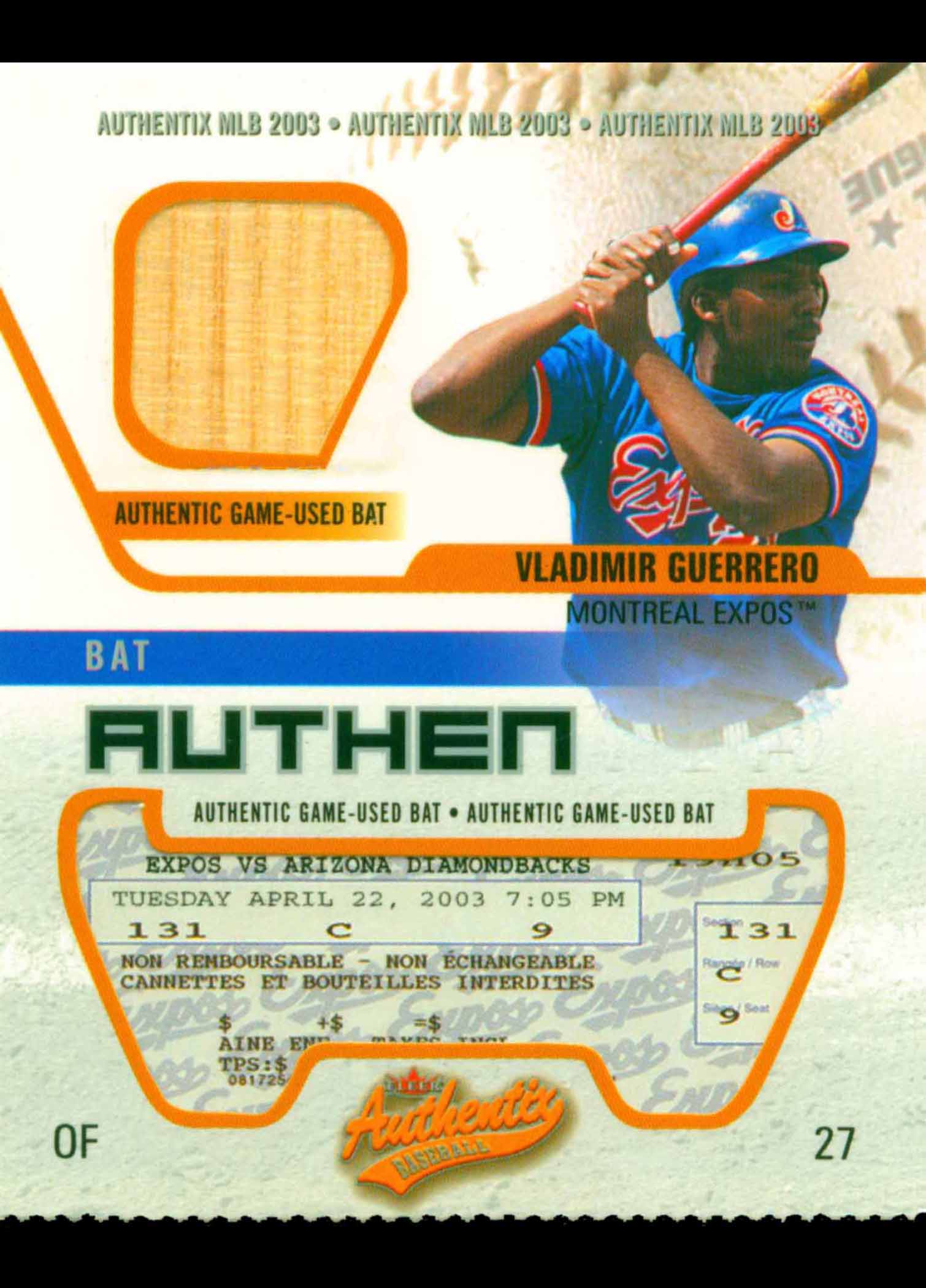 2003 Fleer Authentix Game Bat